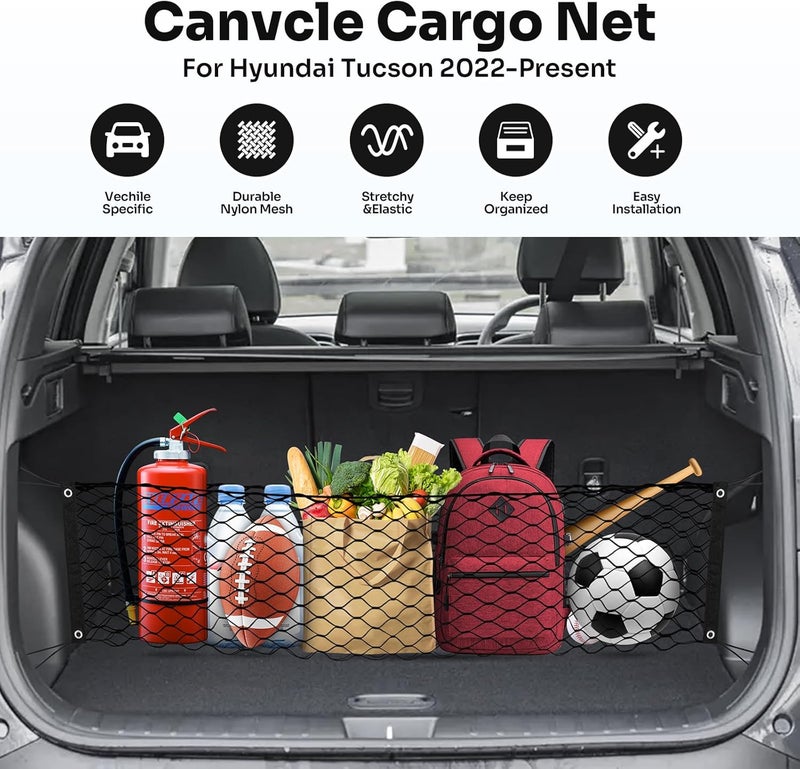 Canvcle Trunk Cargo Net for 2022-2025 2026 Hyundai Tucson Accessories Envelope Style Mesh Trunk Net Organizer and Storage Stretchable Adjustable Elastic Nylon Rear Cargo Netting with Hooks - Image 2